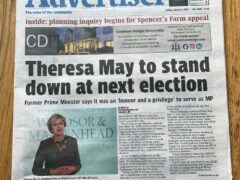 The front page of the Maidenhead Advertiser announcing the news that former prime minister Theresa May will not fight the next general election (Peter Clifton/PA)