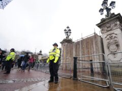Scaffolding in place after a man was arrested after crashing his vehicle into the gates of Buckingham Palace (Jordan Pettitt/PA)