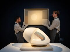 Dame Barbara Hepworth’s Sculpture With Colour (Oval Form) Pale Blue And Red, is expected to sell for between £2.2m and £3.2m (James Manning/PA)