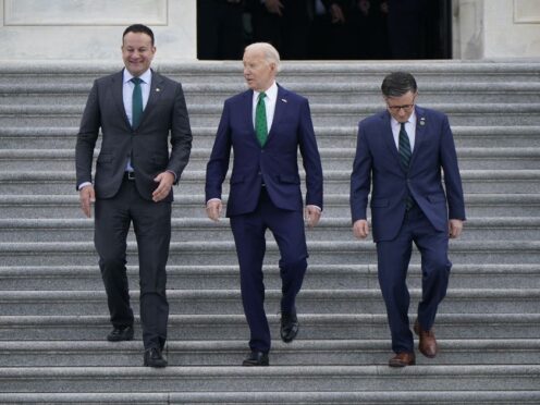 Taoiseach Leo Varadkar, US President Joe Biden, and Speaker Mike Johnson leave after the annual Friends of Ireland Luncheon in Washington, DC, during the Taoiseach’s visit to the US for St Patrick’s Day (Niall Carson/PA)
