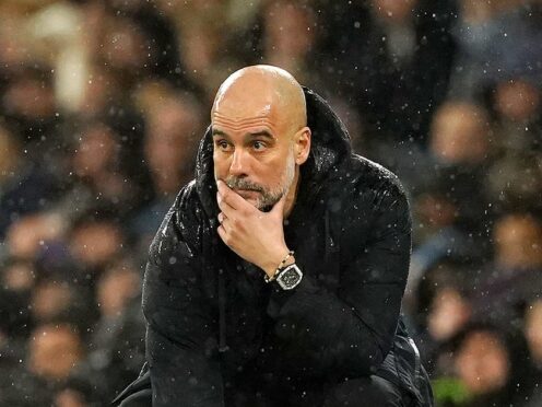 Manchester City manager Pep Guardiola reacts on the touchline during the Emirates FA Cup quarter-final match at the Etihad Stadium, Manchester. Picture date: Saturday March 16, 2024.