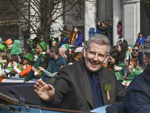 Patrick Kielty, this year’s Grand Marshal, takes part in the St Patrick’s Day Parade in Dublin (Michael Chester/PA)