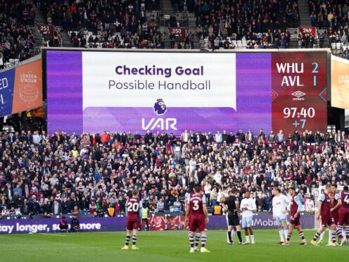 A VAR check for handball went in Aston Villa’s favour (Mike Egerton/PA)