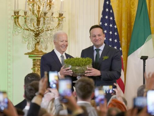 Taoiseach Leo Varadkar and US President Joe Biden during the St Patrick’s Day Reception and Shamrock Ceremony in the the East Room of the White House, Washington DC, during his visit to the US for St Patrick’s Day (Niall Carson/PA)