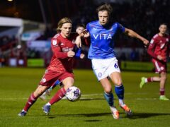 Crawley Town’s Danilo Orsi and Stockport County’s Fraser Horsfall (right) battle for the ball during the Sky Bet League Two match at Broadfield Stadium, Crawley. Picture date: Monday March 18, 2024.