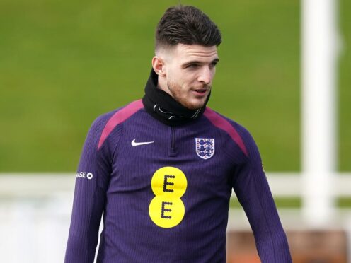 Declan Rice will lead England out as captain for the first time this week (Mike Egerton/PA)