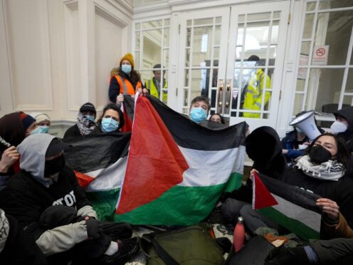 People take part in a pro-Palestine protest at the Department of Business and Trade (James Manning/PA)