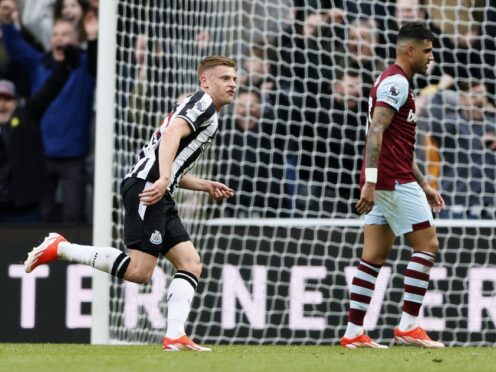 Newcastle’s Harvey Barnes celebrates the decisive goal in a 4-3 comeback victory over West Ham (Richard Sellers/PA)
