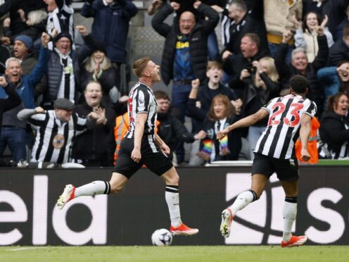 Newcastle United’s Harvey Barnes celebrates his winner (Richard Sellers/PA)