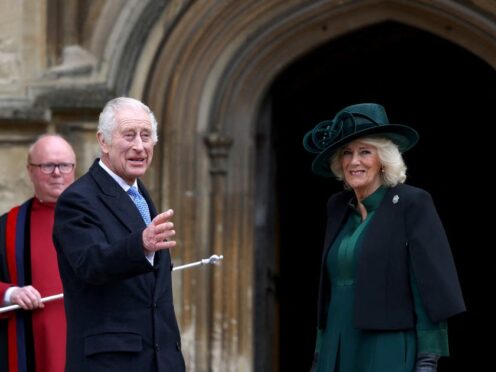 The King and Queen Camilla arrive to attend the Easter Mattins Service at St George’s Chapel at Windsor (Hollie Adams/PA)