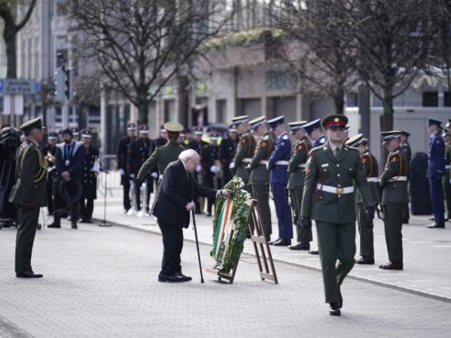 President Michael D Higgins lays a wreath during a ceremony at the GPO on O’Connell Street in Dublin to mark the anniversary of the 1916 Easter Rising (Niall Carson/PA)