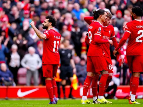 Liverpool’s Mohamed Salah celebrates his winner (Peter Byrne/PA).