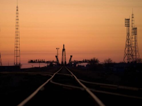The Soyuz-2.1a rocket booster with Soyuz MS-25 spaceship carrying a new crew to the International Space Station stands at the launch pad after cancellation of the launch at the Russian-leased Baikonur Cosmodrome, Kazakhstan (Roscosmos space corporation via AP)