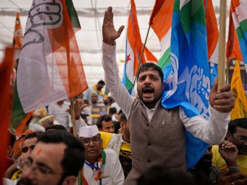 Supporters of various opposition parties shouted anti-government slogans during the ‘Save Democracy’ rally in New Delhi (Manish Swarup/AP)