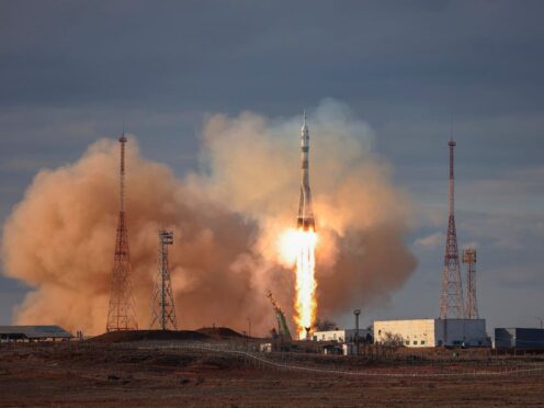 The Soyuz 2.1a rocket lifts off from the Baikonur launch facility in Kazakhstan (Roscosmos space corporation via AP)
