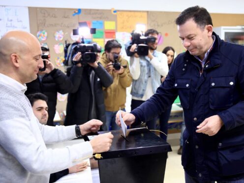 Luis Montenegro casts his ballot at a polling station in Espinho, northern Portugal (AP Photo/Luis Vieira)