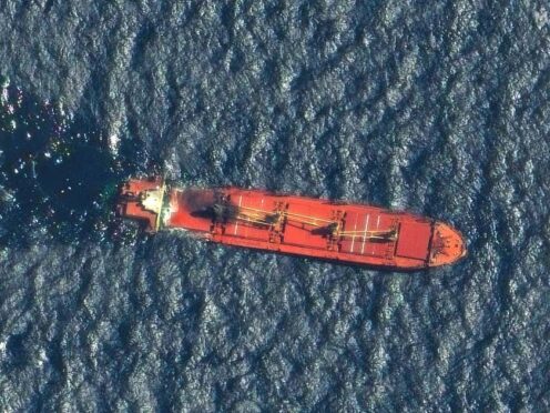 The Rubymar is the first ship to sink amid Houthi hostilities in the Red Sea (Maxar Technologies via AP)