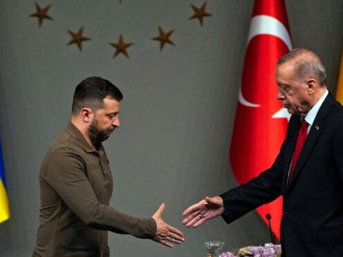 Turkey’s President Recep Tayyip Erdogan shakes hands with Ukraine’s President Volodymyr Zelensky (Francisco Seco/AP)