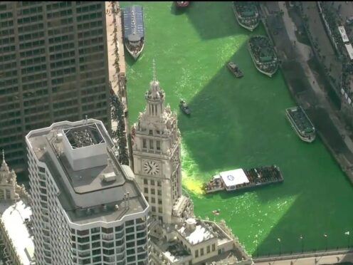 The Chicago River is dyed green for St Patrick’s Day (WLS ABC 7 Chicago via AP)