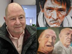 Artist Ady Medcalf (left) has been painting the portraits of the ‘legends of Wrexham’ every week for the last seven years (Ady Medcalf/PA)