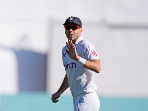 England’s James Anderson gestures to the crowd after taking his 700th wicket (Ashwini Bhatia/AP)