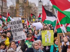 Thousands of pro-Palestinian demonstrators gathered in Amsterdam to protest at Israeli President Isaac Herzog’s attendance at the opening of the Netherlands’ new National Holocaust Museum (Phil Nijhuis/AP)