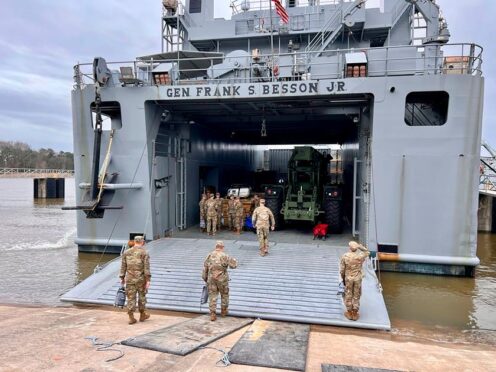 A US Army vessel carrying equipment for building a temporary pier in Gaza was on its way to the Mediterranean on Sunday (US Central Command/AP)
