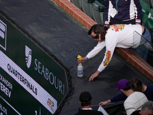 A beekeeper sprays a bee during an interruption in play at Indian Wells (Mark J Terrill/AP)