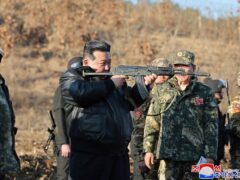 In this photo provided by the North Korean government, Kim Jong Un visits a western operational training base (Korean Central News Agency/Korea News Service/AP)