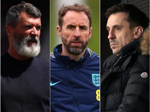 Roy Keane, left, and Gary Neville, right, could see Gareth Southgate, centre, as Manchester United manager (John Walton/Simon Marper/Mike Egerton/PA)