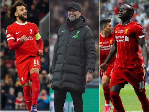 Mohamed Salah, left, and Sadio Mane, right, are the top contributors to Liverpool’s 1,000 goals under Jurgen Klopp (Peter Byrne/Adam Davy/PA)