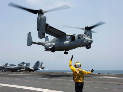 An MV-22 Osprey lands on the flight deck of the USS Abraham Lincoln (US Navy via AP)