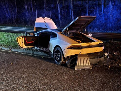 Two people were arrested after a Lamborghini driver failed to stop for police and then crashed (Derbyshire Constabulary/PA)