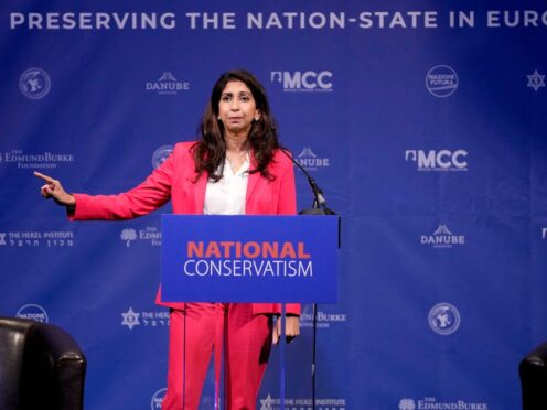 Suella Braverman addressed the National Conservatism conference in Brussels, which local authorities attempted to shut down over public safety concerns. (AP Photo/Virginia Mayo)