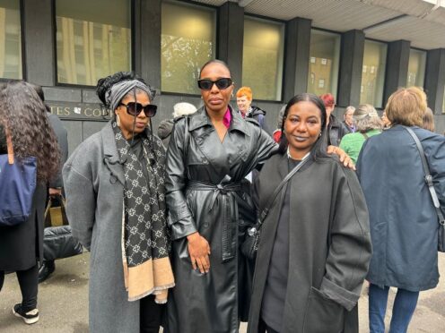 From left to right: Danae Thomas, Divina Riggon and Selma Taha standing outside Highbury Corner Magistrates’ Court (Pol Allingham/PA)