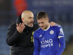 Leicester City manager Enzo Maresca (left) and Leicester City’s Jamie Vardy (right) after the Sky Bet Championship match at King Power Stadium, Leicester. Picture date: Saturday November 25, 2023.