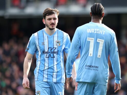 Coventry City’s Liam Kitching (left) and Haji Wright during the Sky Bet Championship match at Vicarage Road, Watford. Picture date: Saturday March 9, 2024.