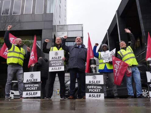 Aslef general secretary Mick Whelan (centre) on the picket line at Euston train station in London, as members of train drivers union are launching a wave of fresh walkouts in a long-running dispute over pay. (Jordan Pettit/PA)