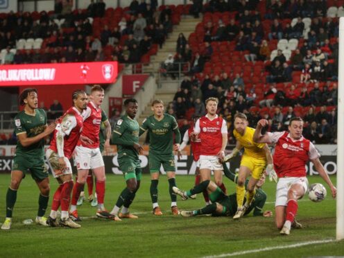 Plymouth Argyle�s Ben Waine (centre) attempts a shot on goal during the Sky Bet Championship match at the AESSEAL New York Stadium, Rotherham. Picture date: Friday April 5, 2024.