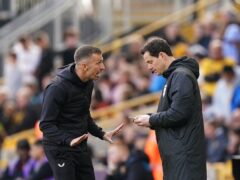 Wolverhampton Wanderers manager Gary O’Neil speaks to the fourth official after a late goal for his side is ruled out following a VAR review after the Premier League match at Molineux, Wolverhampton. Picture date: Saturday April 6, 2024.
