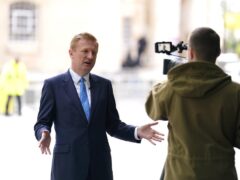 Chancellor of the Duchy of Lancaster and Deputy Prime Minister Oliver Dowden speaks to the media outside BBC Broadcasting House in London, prior to appearing on the BBC One current affairs programme, Sunday with Laura Kuenssberg. Picture date: Sunday April 7, 2024.