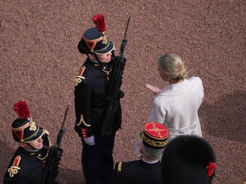 The Duchess of Edinburgh speaks to a Gendarmerie Garde Republicaine from France during a Changing of the Guard at Buckingham Palace, London (Aaron Chown/PA)