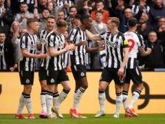 Newcastle’s Alexander Isak (centre) celebrates his second goal against Tottenham (Owen Humphreys/PA)