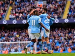 Manchester City’s Josko Gvardiol (right) celebrates with team-mates after scoring their side’s fifth goal of the game during the Premier League match at the Etihad Stadium, Manchester. Picture date: Saturday April 13, 2024.