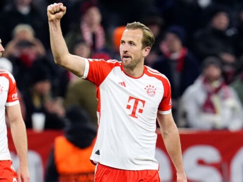 Bayern Munich’s Harry Kane celebrates at the end of their quarter-final win over Arsenal. (Nick Potts/PA)