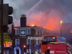 Picture taken with permission from the Instagram feed of @amzyplayz1 showing the historic Burn Bullock pub on fire in Mitcham (@amzyplayz1/PA)
