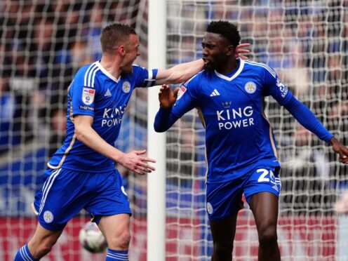 Wilfred Ndidi celebrates scoring Leicester’s opening goal with Jamie Vardy during a 2-1 win over West Brom (Mike Egerton/PA).