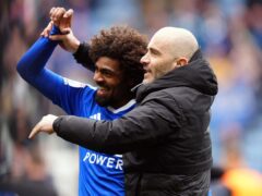 Leicester manager Enzo Maresca celebrates with Hamza Choudhury after the 2-1 win over West Brom (Mike Egerton/PA).