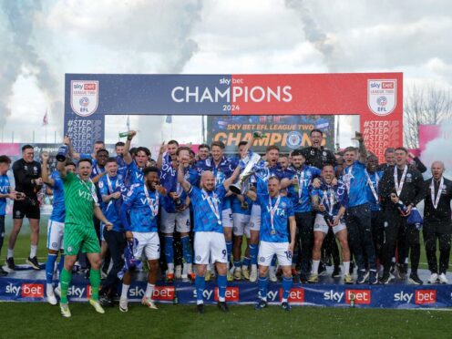 Stockport lifted the League Two trophy after beating Accrington (Ian Hodgson/PA)