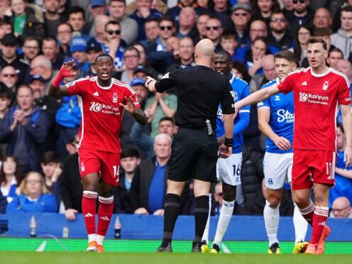Callum Hudson-Odoi, left, appeals for a penalty for Forest against Everton (Peter Byrne/PA)